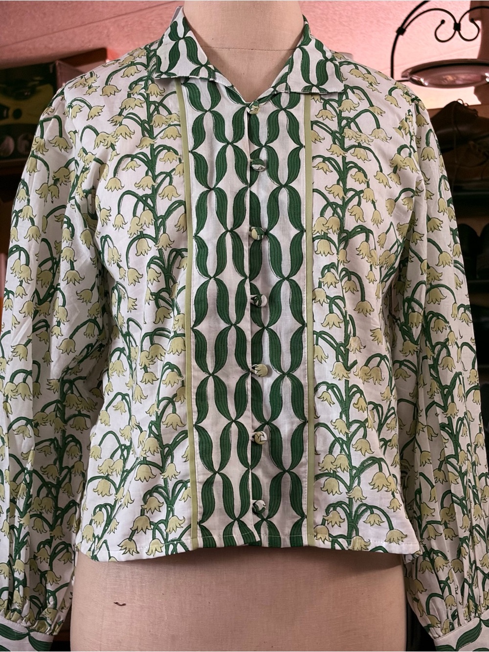 Sue Sartor Cotton/ Silk, Long Sleeves, Small,Lily of the Valley print shirt $275